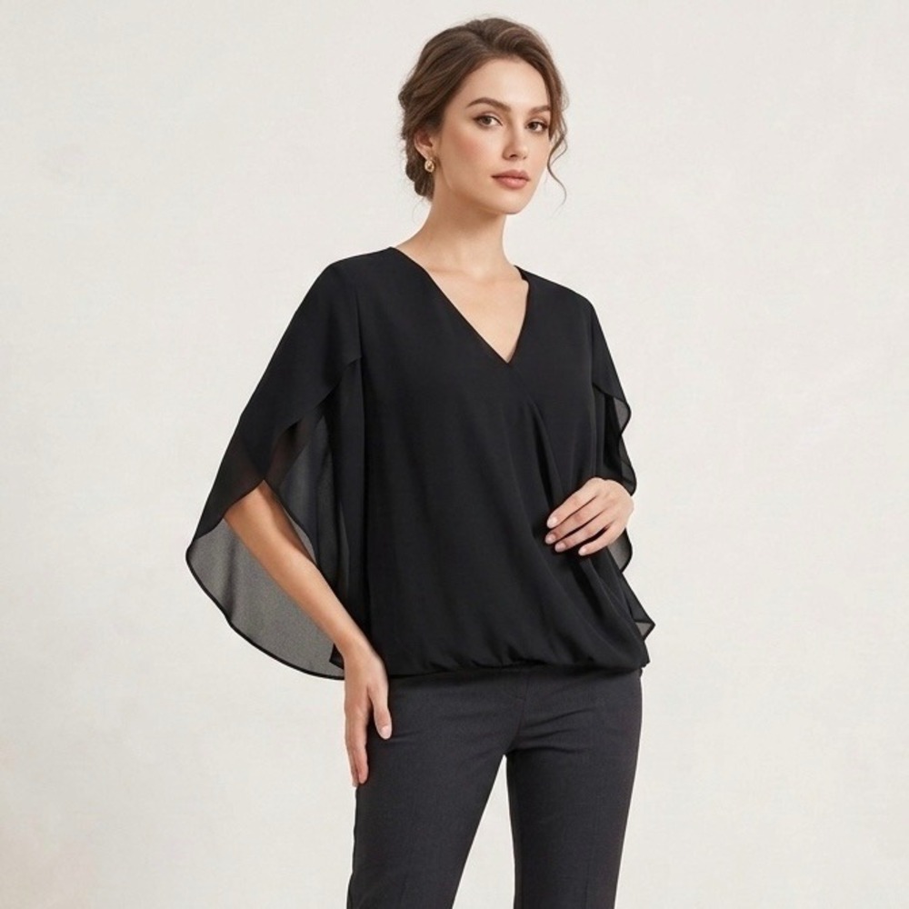 Grace Karin Black Chiffon Cape Sleeve‎ V-Neck Bubble Hem Blouse Top 2XL